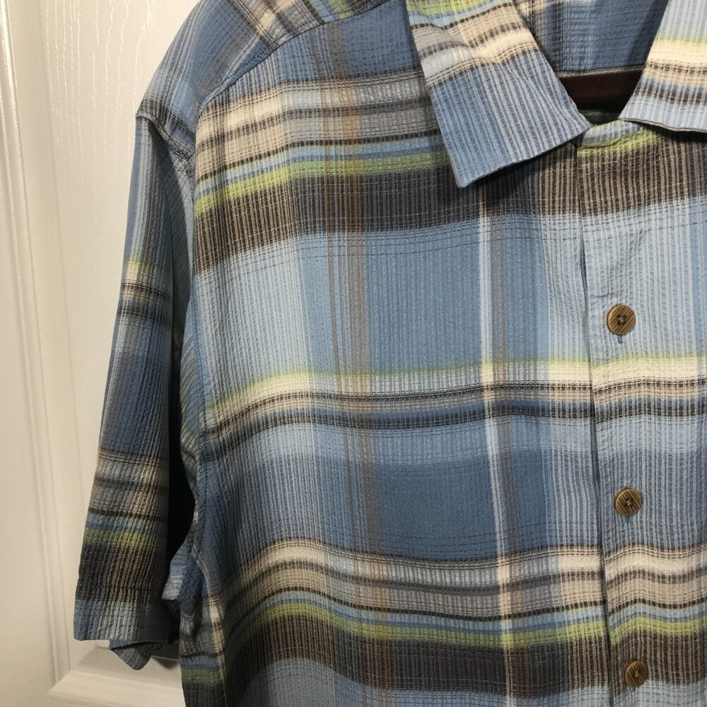 Tommy Bahama men blue and gray plaid motive short sleeve silk shirt, size L - Picture 3 of 11